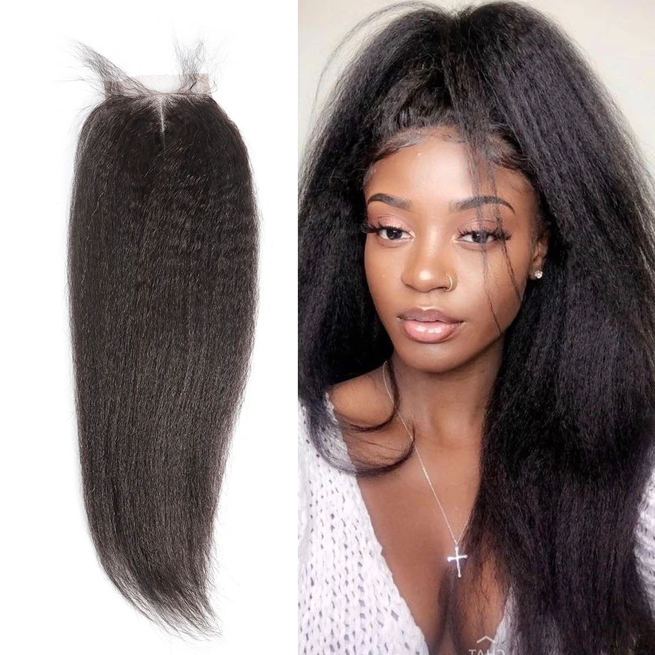 Poker Face Brazilian Remy Kinky Straight Hair 4x4 Lace Closure Bleached Knots With Baby Hair Free Middle Part 100% Human
