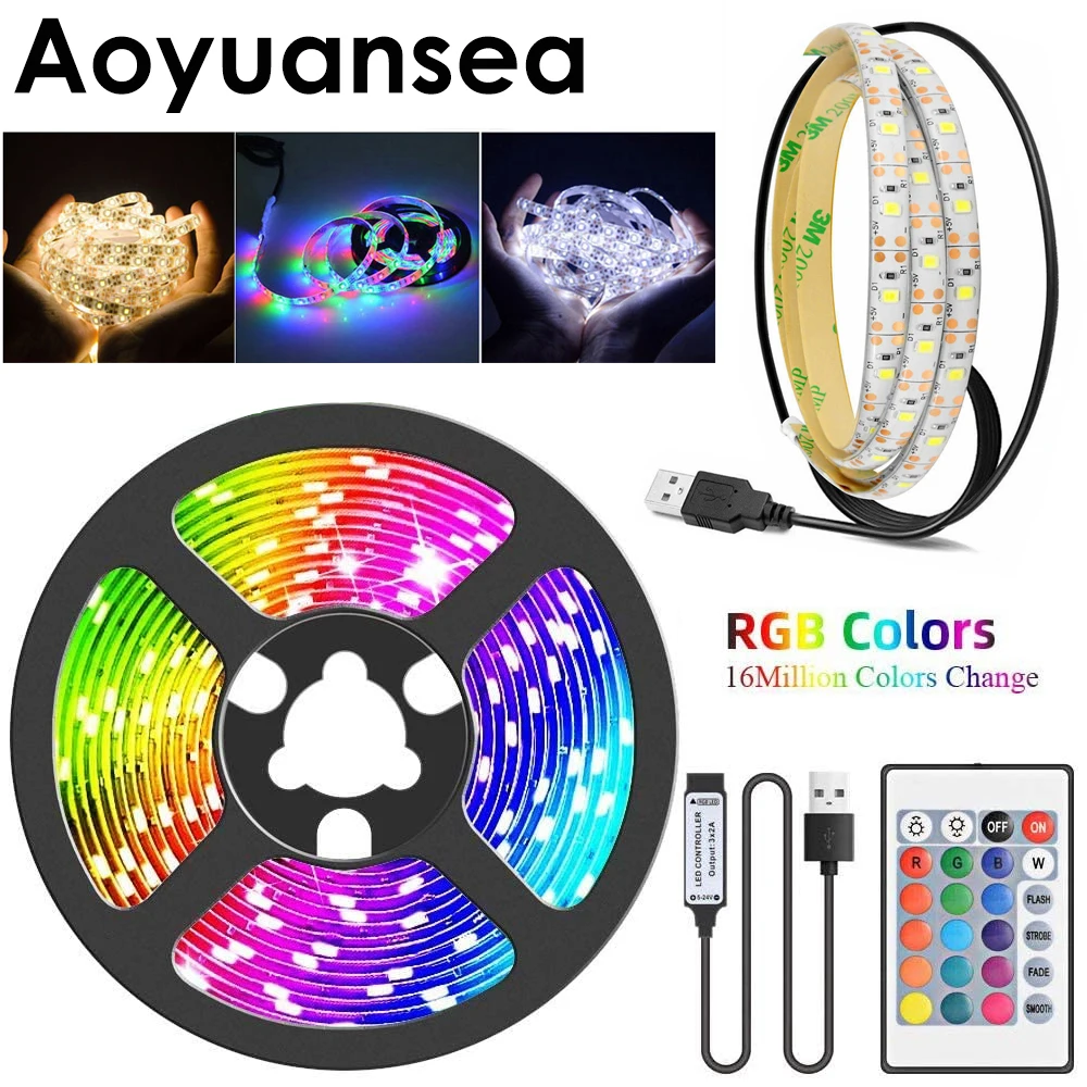 

DC 5V TV Backlight USB White LED Strip Lights 2835 RGB Colored Stripe Ribbon Diode Tape Taśma for Home Room PC Decoration Lamps