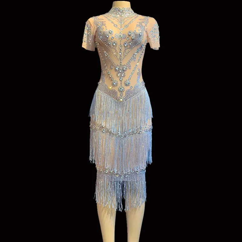 Блестящие стразы с кисточками длинное платье для женщин Бар ночной клуб певец костюм вечерний наряд для празднования Сексуальная сценическая одежда для вечеринок