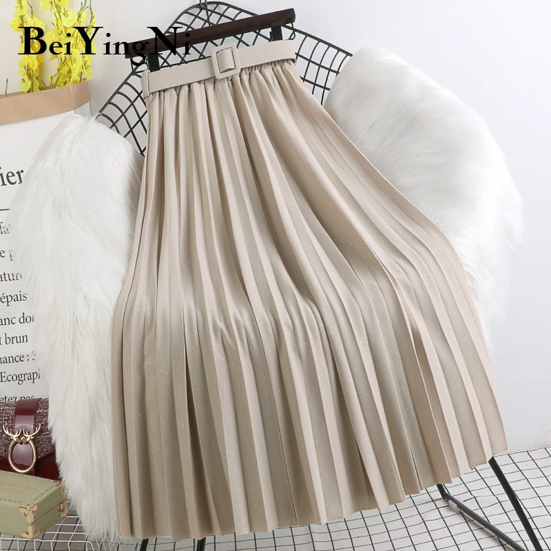 Skirts Womens Pleated Midi Metallic Pink Black High-Waist Korean Belt Party Fashion Saia