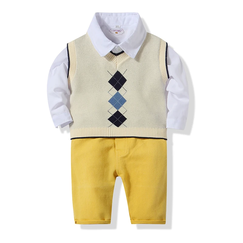 

Kimocat Three-Piece Set Baby Boy Clothes Boys Knit Vest+Shirt+Long Newborn Clothes Infant Boys Clothing Set