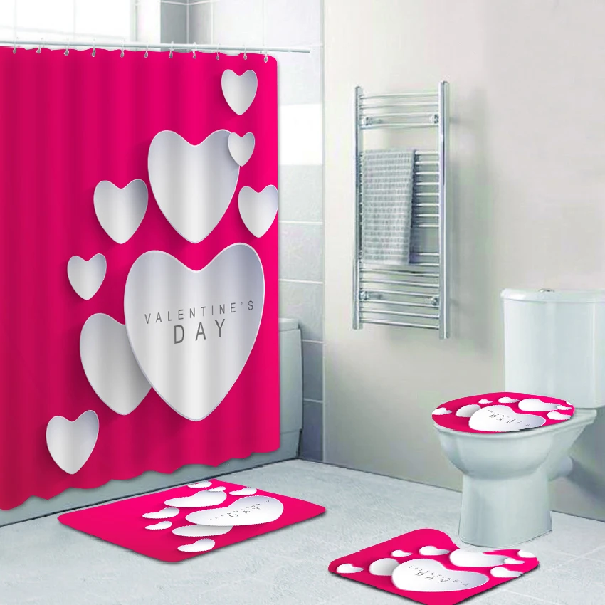 

Love Printing Valentine's Day Theme Bathroom Set 4Pcs with 180x180cm Waterproof Shower Curtains Toilet Cover Mat Non-Slip Mats