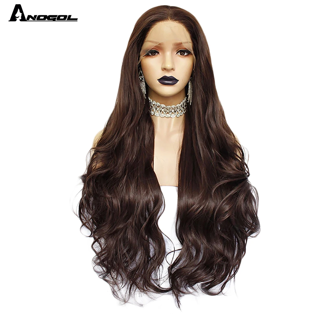 Straight Wigs Anogol Lace-Front Dark-Brown Synthetic Heat-Resistant Natural-Wave Women