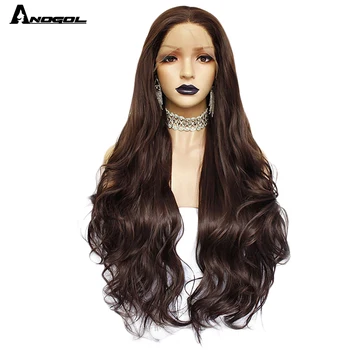 

Anogol 2# Dark Brown Natural Wave Wigs For Women Heat Resistant High Temperature Fiber Synthetic Lace Front Wig