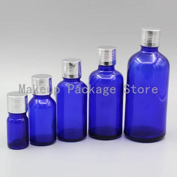 

2/10pcs 5ml 10ml 15ml 20ml 30ml 50ml 100ml Blue Glass Essential Oil Bottles with Silver Screw Aluminum Cap with Different Plug