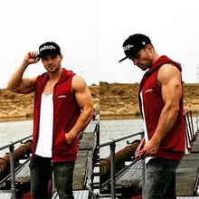 Мужской спортивный жилет для занятий фитнесом, тренировочный жилет с капюшоном без рукавов из чистого хлопка свободное дышащее