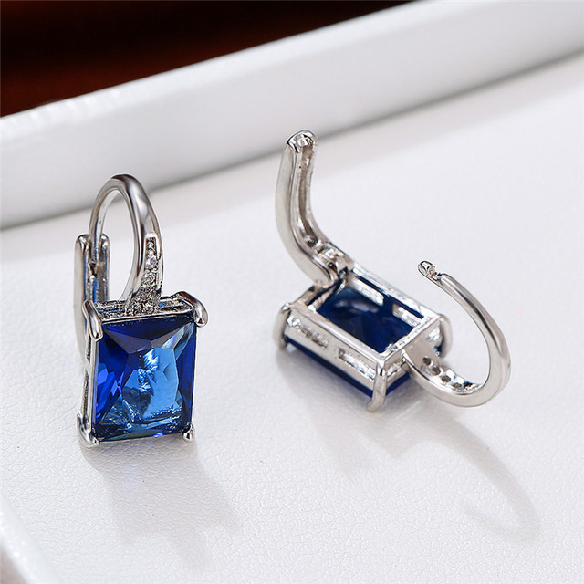Female Blue Zirconia Stone Earrings Charm Small Clip Earrings For Women Minimalist Rainbow Square Wedding Earrings