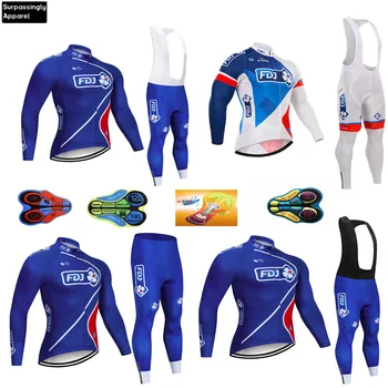 

2019 Spring/Autumn Cycling Jersey Team FDJ Long Sleeve Ropa Ciclismo Maillot Bike Clothes Blue Bicycle Clothing Sets 20D Pad