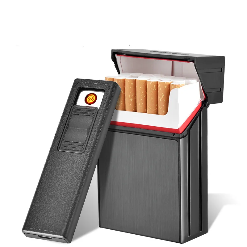 2-в-1 сигареты Чехол Коробка Зажигалка для курения, беспламенная, Алюминий сплава USB Перезаряжаемые Зажигалка Ветрозащитная Зажигалка зарядка через usb