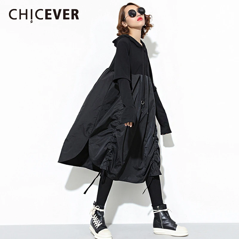 CHICEVER Лоскутные Платья с завязками для женщин капюшоном и длинным рукавом