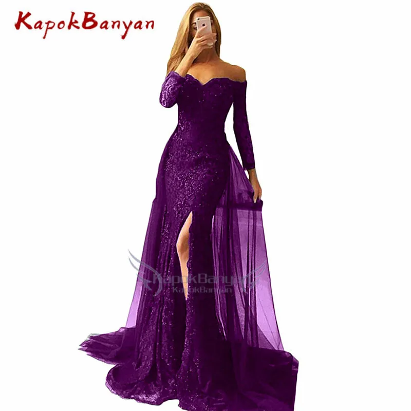 Purple Кружевное платье для выпускного вечера с разрезом, со съемным шлейфом, платье с открытыми плечами и длинными рукавами, vestidos de fiesta de noche - Цвет: Purple