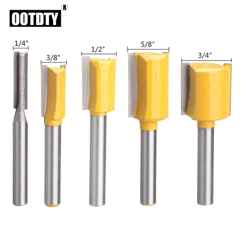 

OOTDTY 5Pcs/Set 1/4'' Shank Straight and Dado Router Bit Set Woodworking Trimming Cutter for Wood Engraving Tool Kit