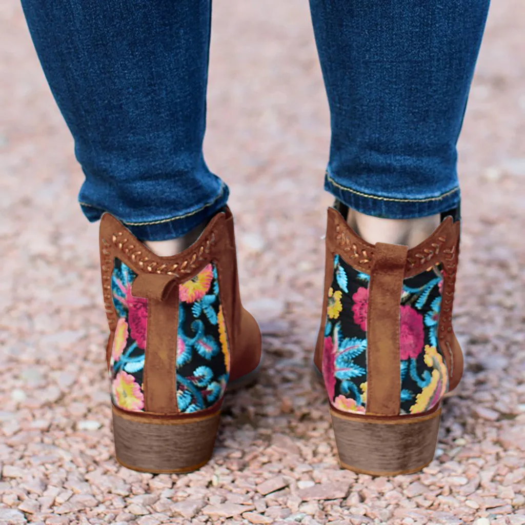 Shoes Women Autumn Winter Boots Women Casual Booties Rome Large Size Embroider Flower Square Heels Short Boots Shoes