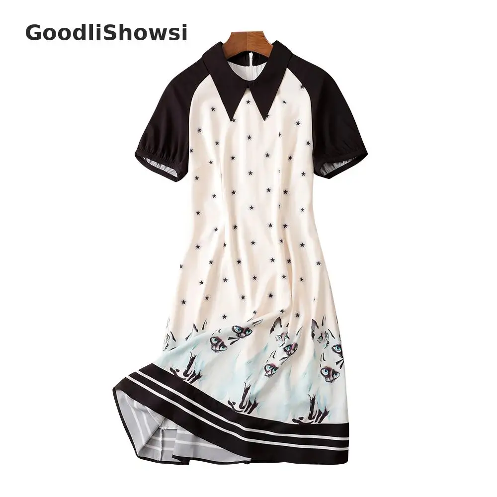 GoodliShowsi, Новое поступление, консервативный стиль, женское свободное платье, принт с героями мультфильмов, воротник Питер Пэн, контрастный цвет, рукав реглан, Повседневное платье