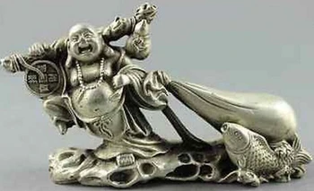 

free shipping Collectible Decorated Old Handwork Carving Buddha & Fish & Fiscal Statue