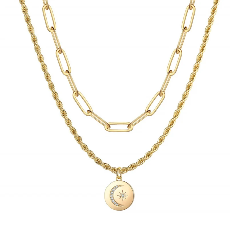 2021 New Fashion Women Double Layered Round Coin Star Moon Pendant Paper Clip Chain Necklace Party Twist | Украшения и аксессуары