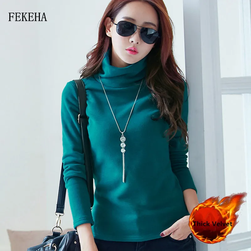 

Velvet Turtleneck Lady Tops Long Sleeve Solid Color Shirts Women Autumn Winter Keep Warm New Basic Casual T Shirt Plus Size