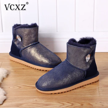 

VCXZ 2020 New high quality real Cowhide Leather Natural Wool Lined Rhinestone Fashion Women Winter Boots comfortable Snow Boots