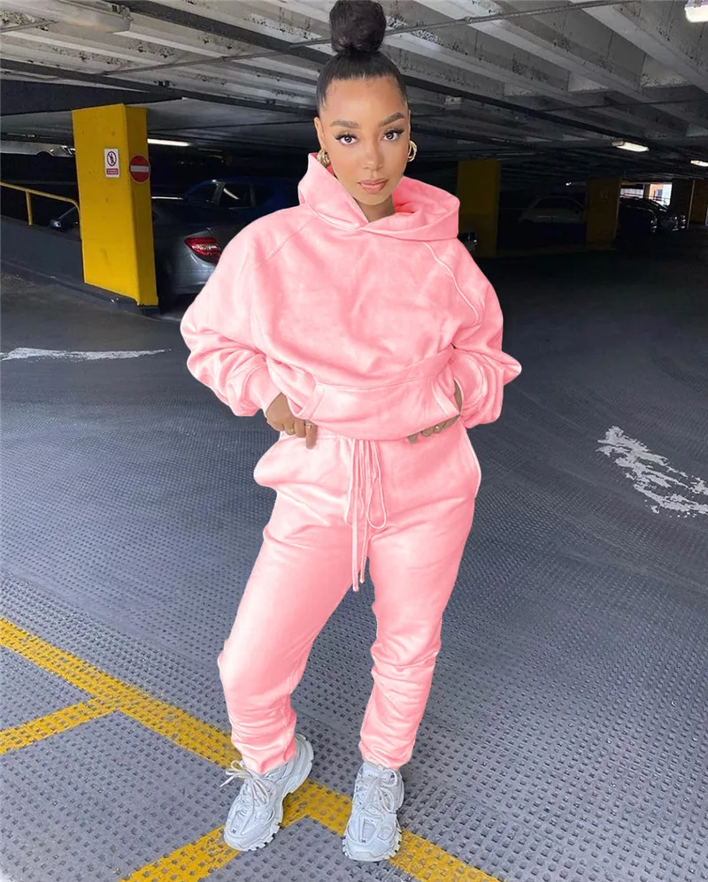 2021 Solid Women's 2 pcs Set Hooded Sweatshirt Jogger Pants Suit Tracksuit Matching Set Autumn Winter Casual Outfits women's shorts and blazer suit set