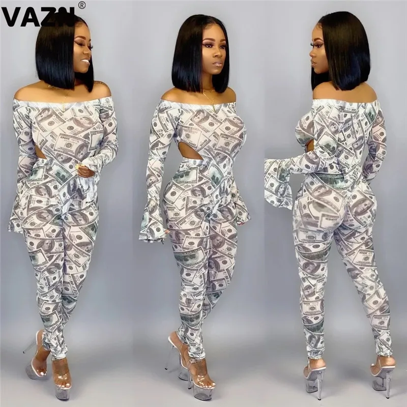 VAZN принт Slash-neck красочные новые горячие модные уличные Комбинезоны повседневные бодикон сексуальные длинные брюки тонкий длинный комбинезон