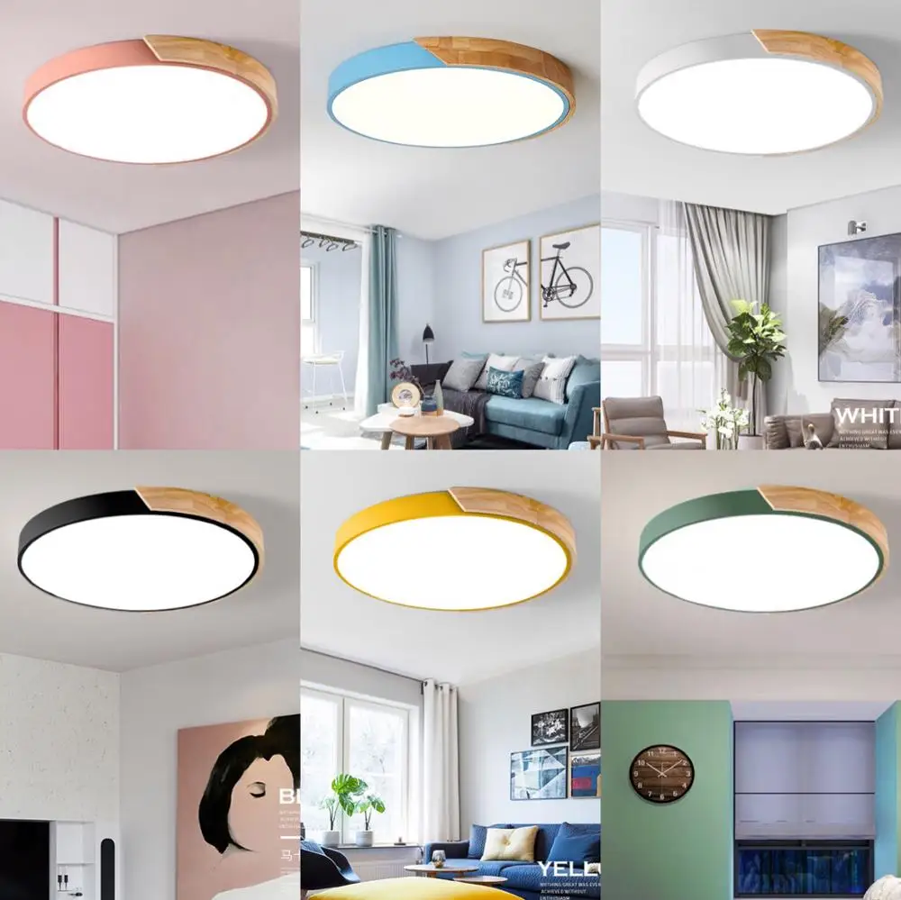 

LED Ceiling Lights Modern Lamp Nordic Simple Round Wooden Remote Dimmable Contro Macarons Color Bedroom Living Room Lighting