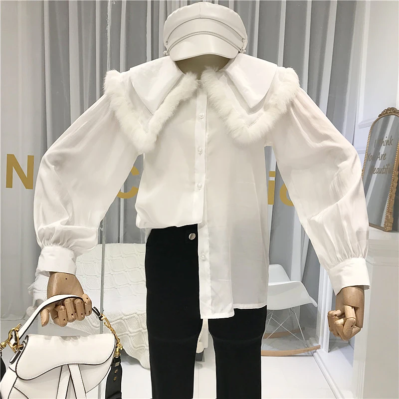 

Women Blouses Double-layer Lantern Sleeve High Street White Womens Tops and Blouses Korean Fashion Clothing Long Sleeve Shirts