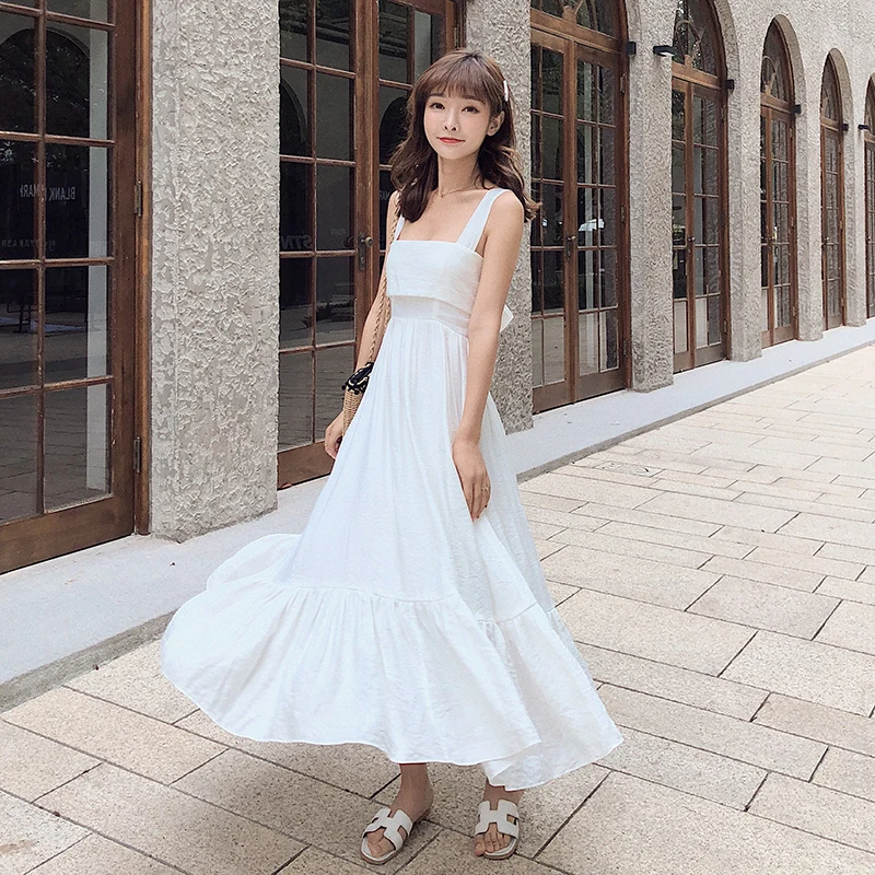 

Women White Backless Straps Sundress Elegant Summer Casual Vacation Long Sea Beach Dress Vintage Korean Party Runway Vestidos