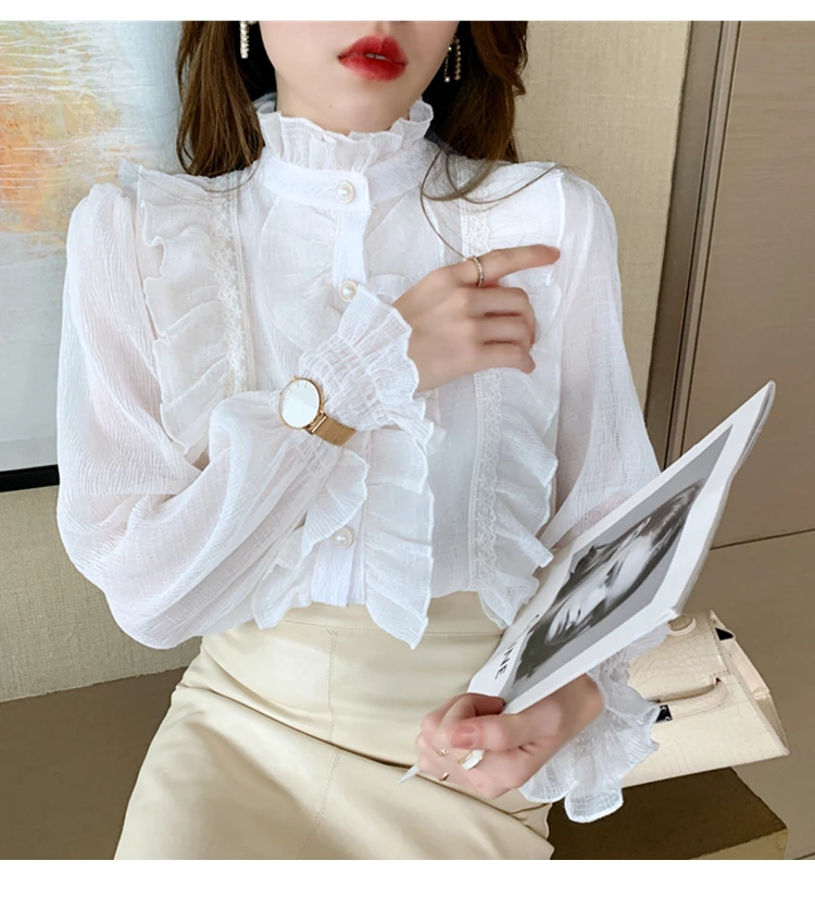 Cheap Korean Ruffled Chiffon Shirt Women Casual Vintage Long