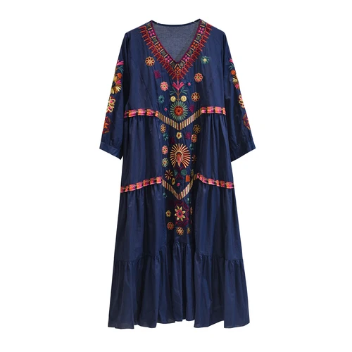 Винтажное шикарное женское пляжное богемное Макси-Платье с цветочной вышивкой, женское платье с v-образным вырезом в стиле бохо happie vestidos - Цвет: blue