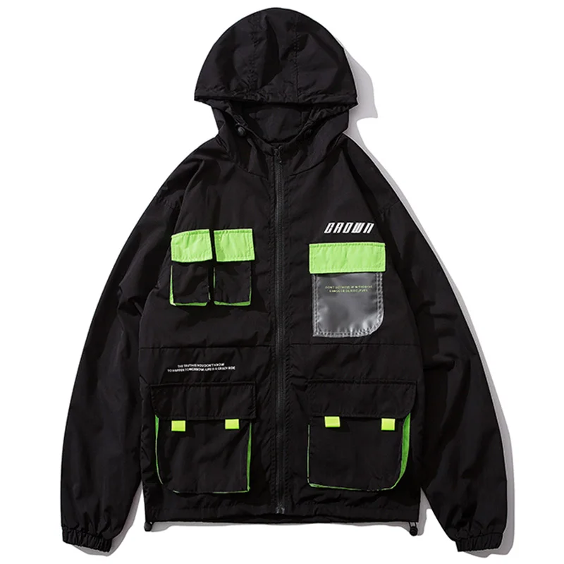 Aolamegs Jackets Men Cool Hip Hop Jacket Hooded Tracksuit Casual Color Block Funny Pockets Coats All-match Couple Streetwear - Цвет: Black