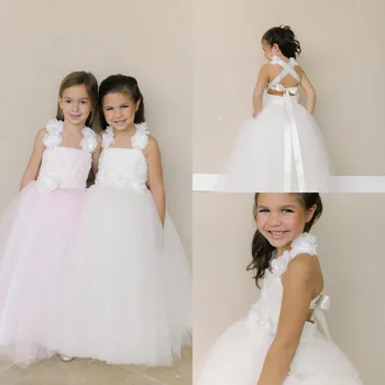 

Halter Neck Cross Straps Flower Girls Dresses Handmade Flowers Girls Pageant Gowns Ankle Length Formal Kids Wear For Weddind