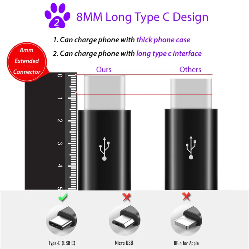 8 мм Длинный usb type C адаптер для Blackview Bv9700 Bv9600 BV8000 BV9000 Pro S6 Micro USB Женский к type C Мужской кабель преобразователя