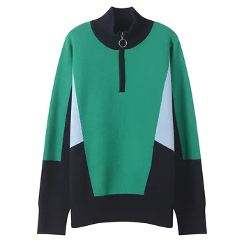 

Runway Turtlececk Contrast Color Zipper Sweater Winter Jumpers Women Pullovers Office Work Wear Female Oversized Knitted Sweater