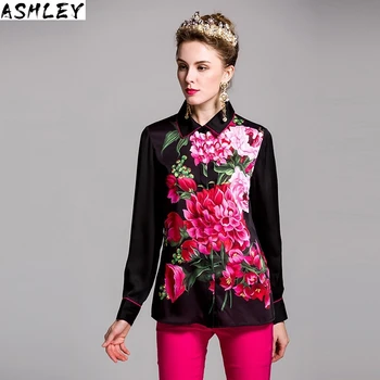

Runway Fashion Designer Shirt Spring Women 3XL Plus size Long sleeve Rose Print Blouse Casual Elegant Career Shirt