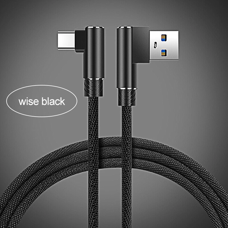 1 м, 2 м, 3 м, USB кабель для зарядки типа C, 90 градусов, кабель для зарядки и передачи данных для samsung, huawei, Xiaomi, шнур для зарядки мобильных телефонов - Цвет: Black