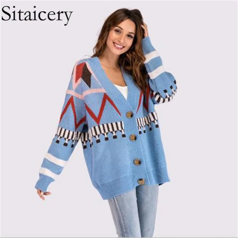 

Sitaicery New 2019 Autumn Winter Christmas Cardigan Women V-Neck Long Sleeve Women Printed Knitted Sweater Female Cardigan