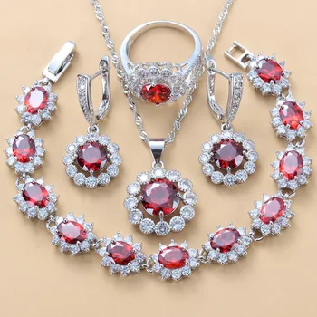

Bridal Round Flower Costume Red Natural Garnet CZ 4PCS Dangle/Earrings/Bracelet/Ring 925-Stamp Silver Color Fashion Jewelry Sets