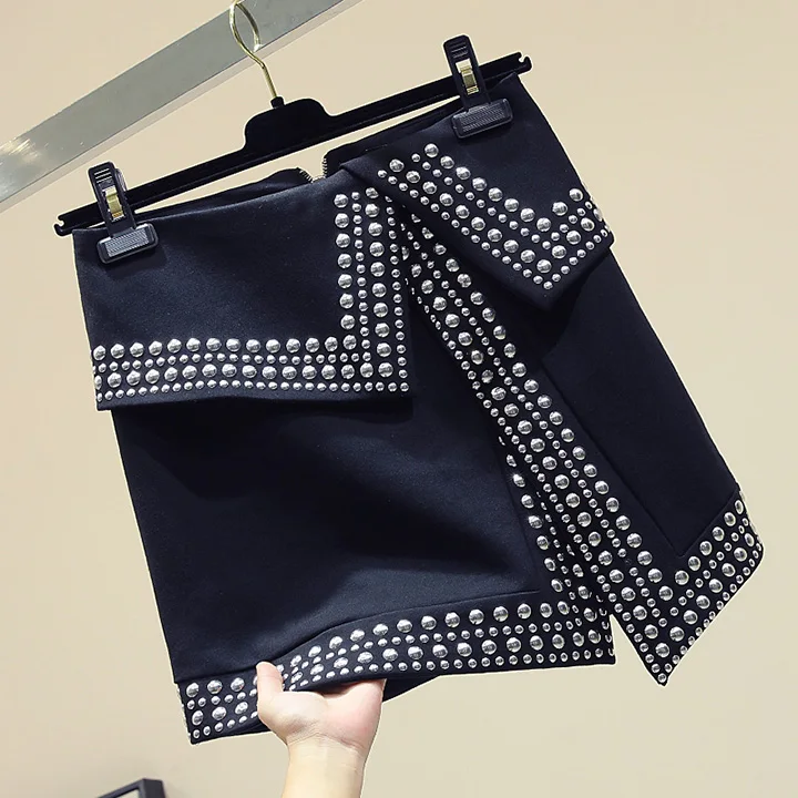 Новая Корейская сшитая юбка с заклепками женские Необычные черные юбки женская уличная Высокая талия Сплит юбка Nancylim