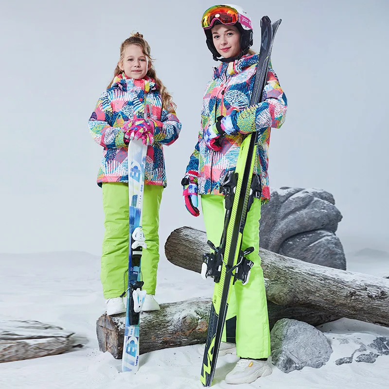 HX-63green pants Детская Лыжная куртка, утолщенный костюм для улицы, теплая водонепроницаемая зимняя одежда для мамы и дочки - Цвет: HX-63green pants