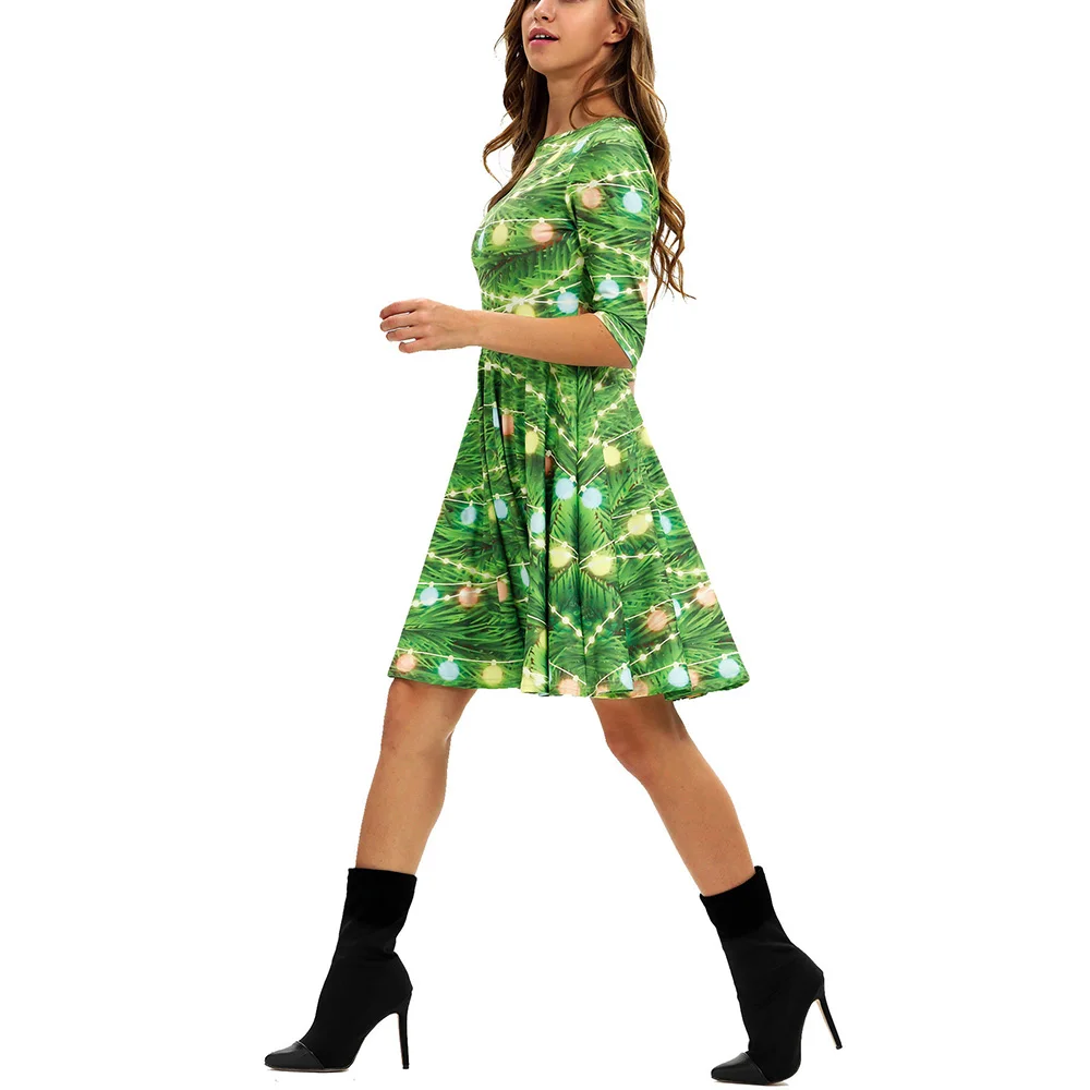 Костюм для рождественской вечеринки Vestidos, винтажные женские мини-платья с зеленым принтом, женские рождественские вечерние мини-платья на осень и зиму