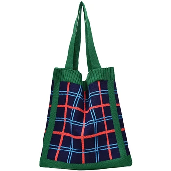 

FGGS-Ins New Plaid Knit Bag Plaid Knit Handbag Shoulder Bag Female Bag Literary Bag Green
