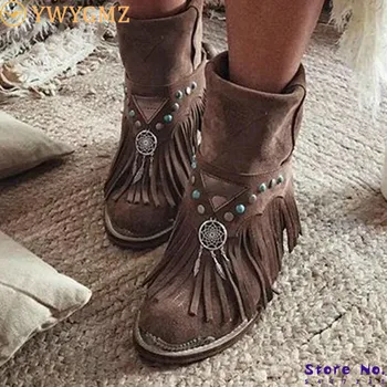 

NAUSK ankle boots chunky low heels ladies chaussure vintage PU leather gladiator tassels shoes woman zapatos mujer sapato HP2245