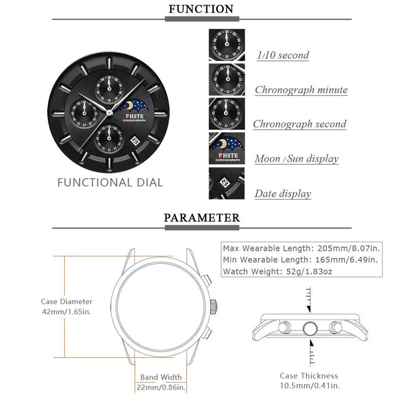 PHSTE New Men Watch Chronograph Moon Phase Date Quartz Wristwatch Waterproof Calfskin Leather Strap Male Clock Relogio Masculino