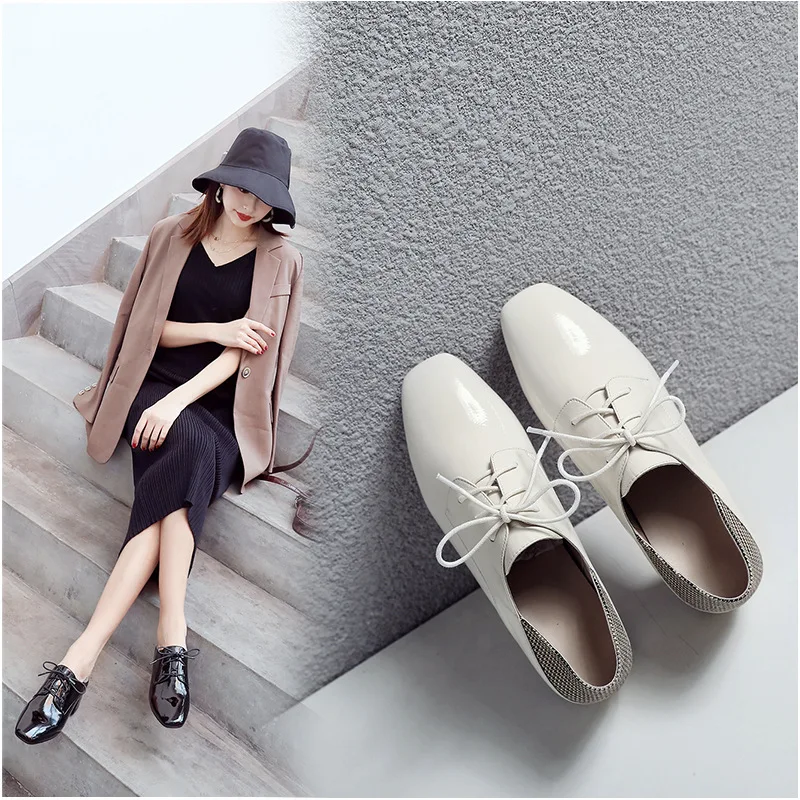 

2019 Spring New Style Patent Leather Lace-up Korean-style Rubber Sole Insole Deep Mouth Square Head Low Chunky Heel Mixed Colors