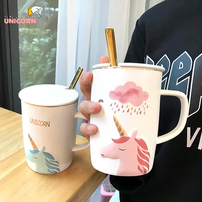 Новинка, чашка с единорогом, керамическая кофейная кружка с ложкой, крышкой, бутылка для завтрака, молока, воды, 360 мл, подарок другу на день рождения, Рождество - Цвет: D