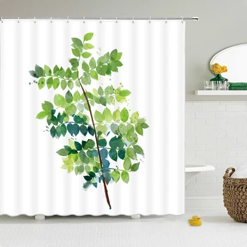 

Green Plant leaves Shower Curtains Bath Curtain Bathroom 3D Printed Fresh Waterproof Polyester Cloth With Hooks Home Decor