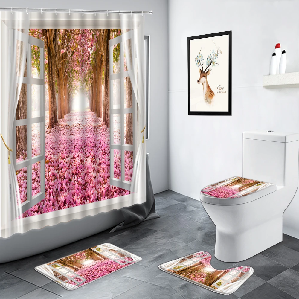 

Pink Flowers Trees Shower Curtains Set Bathroom Carpet Autumn Forest Scenery Home Decor Non-slip Rugs Toilet Lid Cover Bath Mats