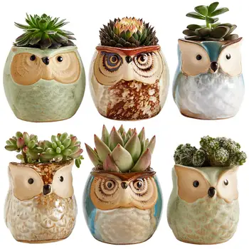 

6Pcs/Set Owl Pot Ceramic Flowing Glaze Base Serial Set Succulent Cactus Plant Pot Flower Pot Container Planter Bonsai Gift