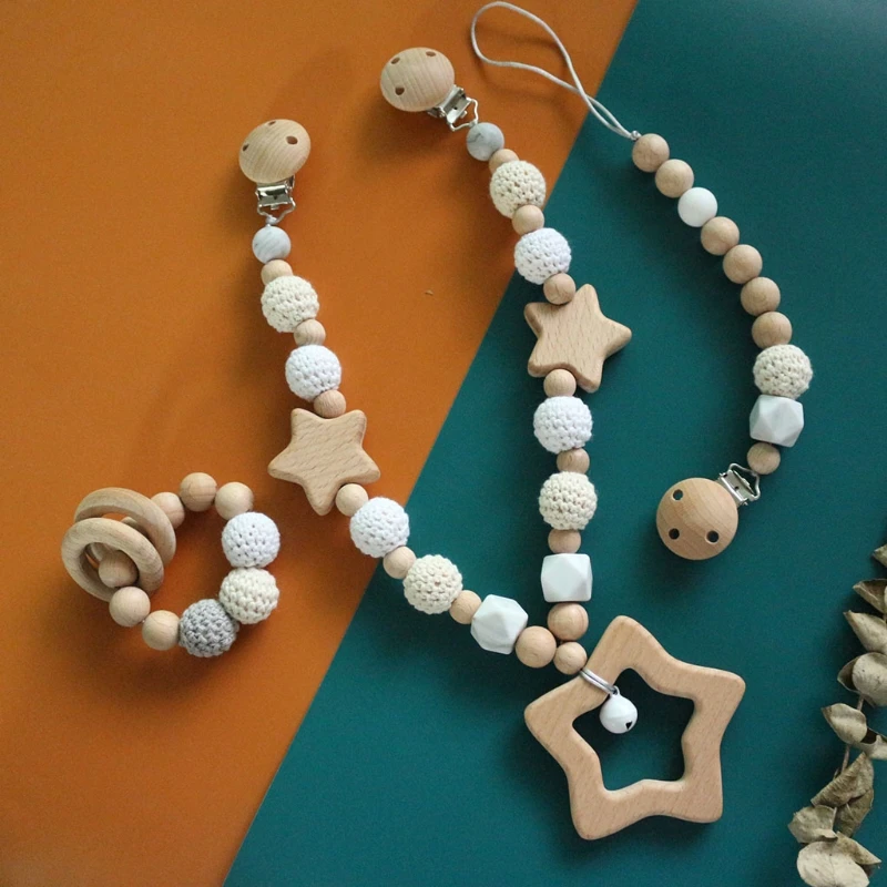 

Baby Pram Pendant Rattle Pacifier Chain Clip Bracelet Infants Wooden Teether Toy L4MC