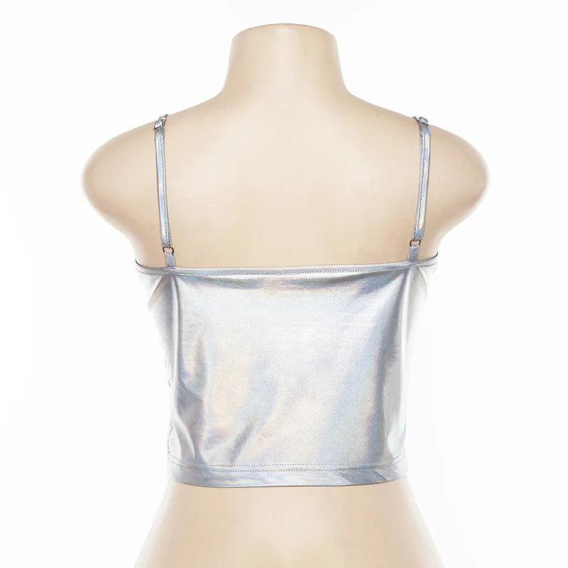 Сексуальный топ на бретельках с u-образным вырезом и регулируемым ремешком, голографический топ на бретельках для женщин, летний укороченный топ с лазерным эффектом, праздничная одежда